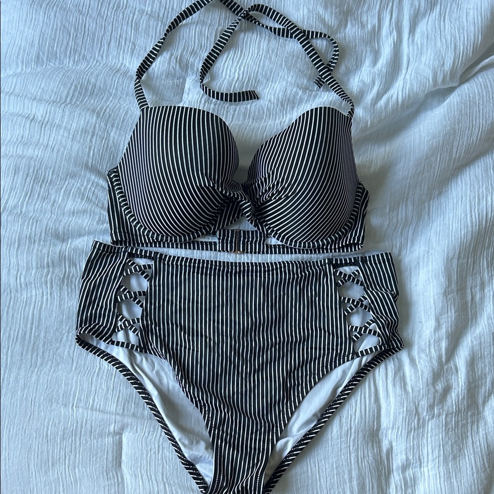 Shade & Shore Black and White Striped Bikini